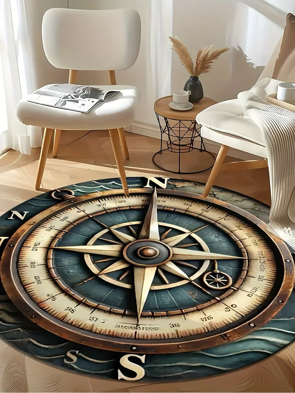 Source Unknown Nautical Compass Rug/Tapestry in Teal and Brown